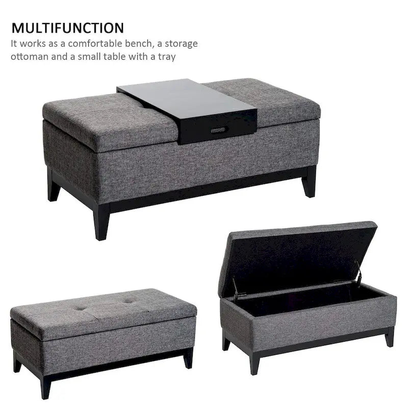 42 Rectangular Linen Fabric Storage Ottoman Bench with Tray - Grey