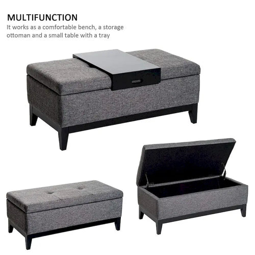 Banc ottoman de rangement rectangulaire en tissu de lin de 42 avec plateau - gris
