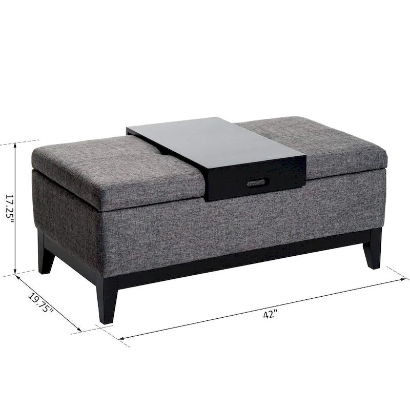 42 Rectangular Linen Fabric Storage Ottoman Bench with Tray - Grey