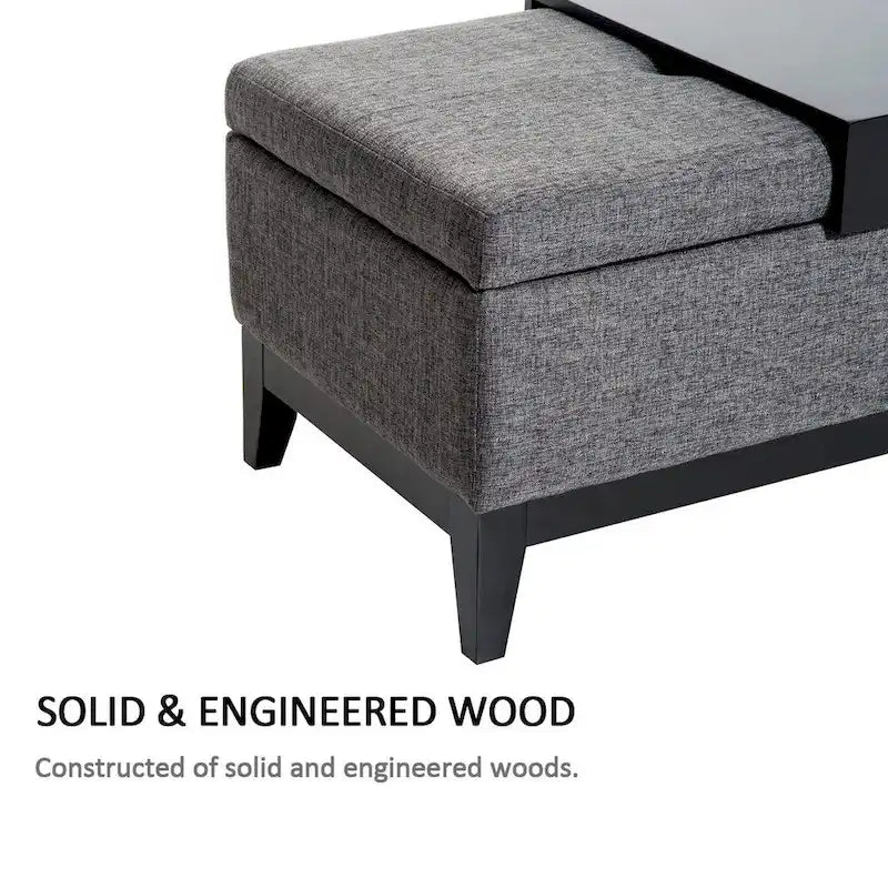 42 Rectangular Linen Fabric Storage Ottoman Bench with Tray - Grey