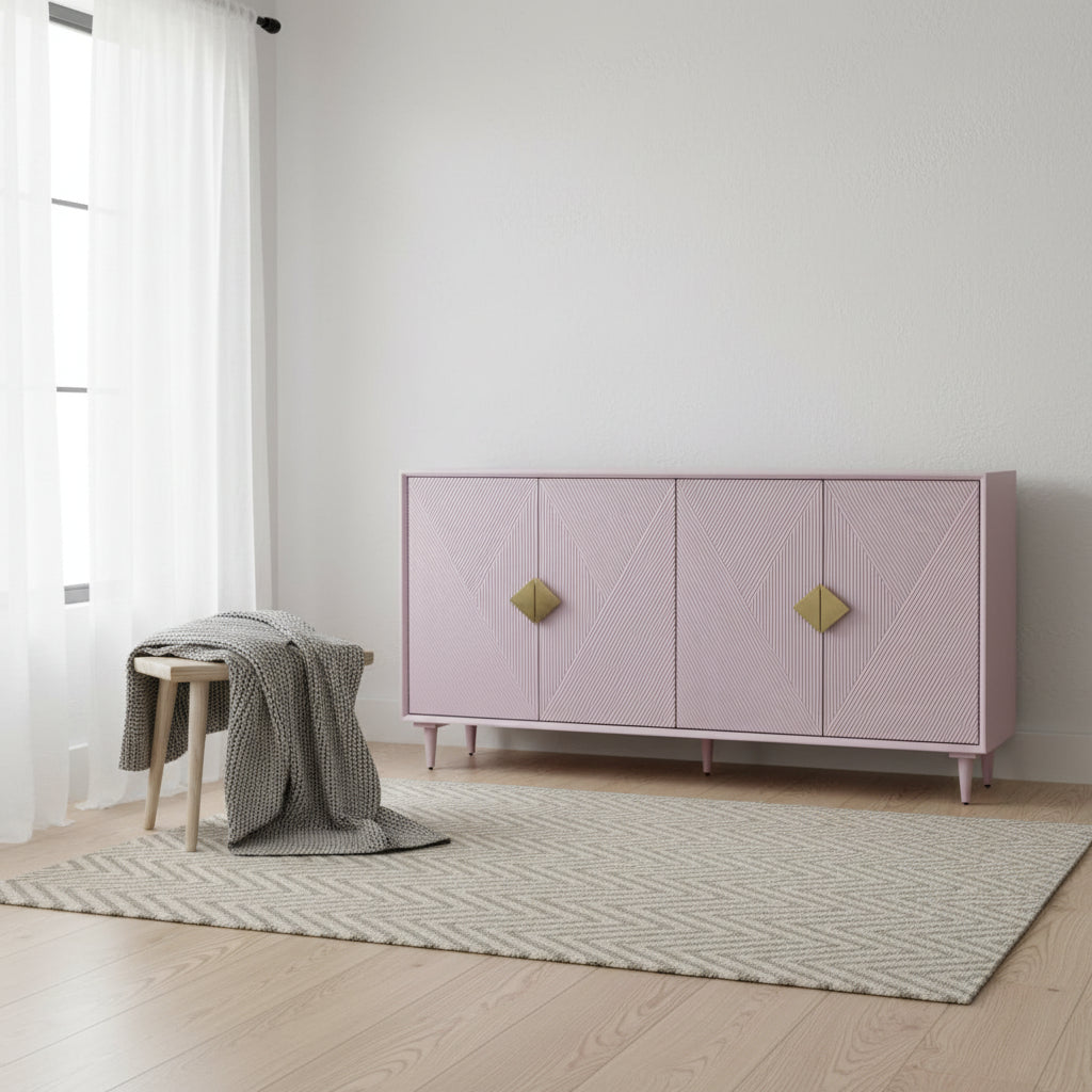 Sideboard aus Holz mit vier Türen und goldenen Akzenten, Fliederlila – 72