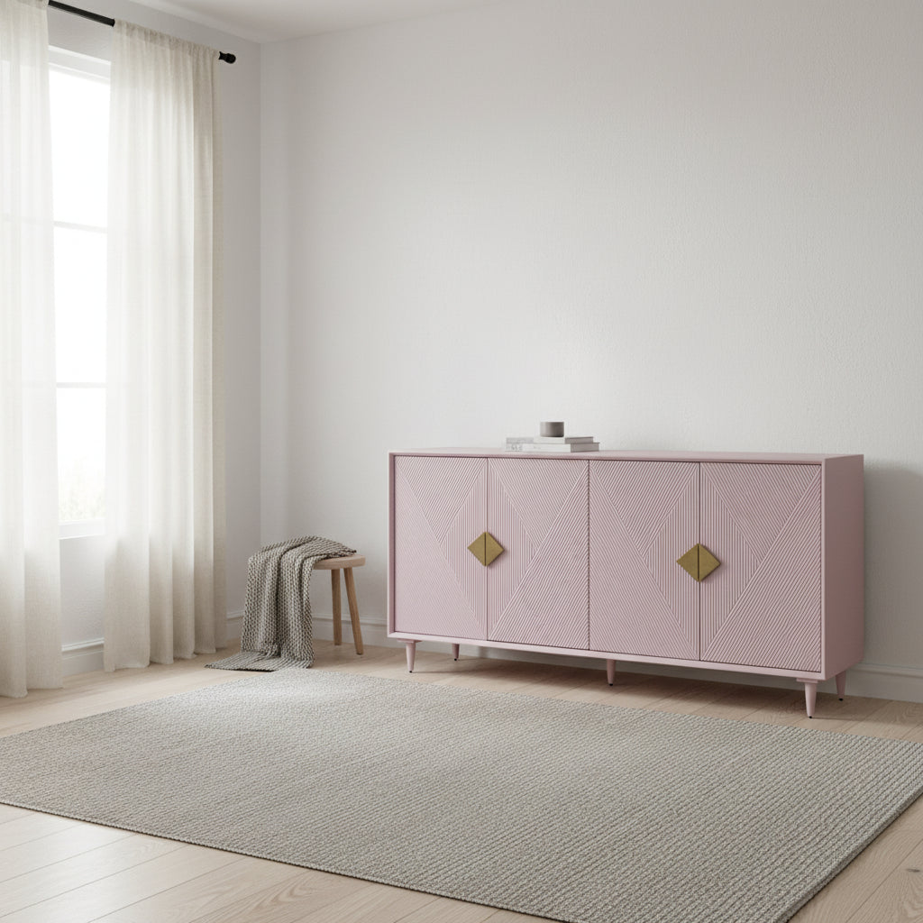 Sideboard aus Holz mit vier Türen und goldenen Akzenten, Fliederlila – 72