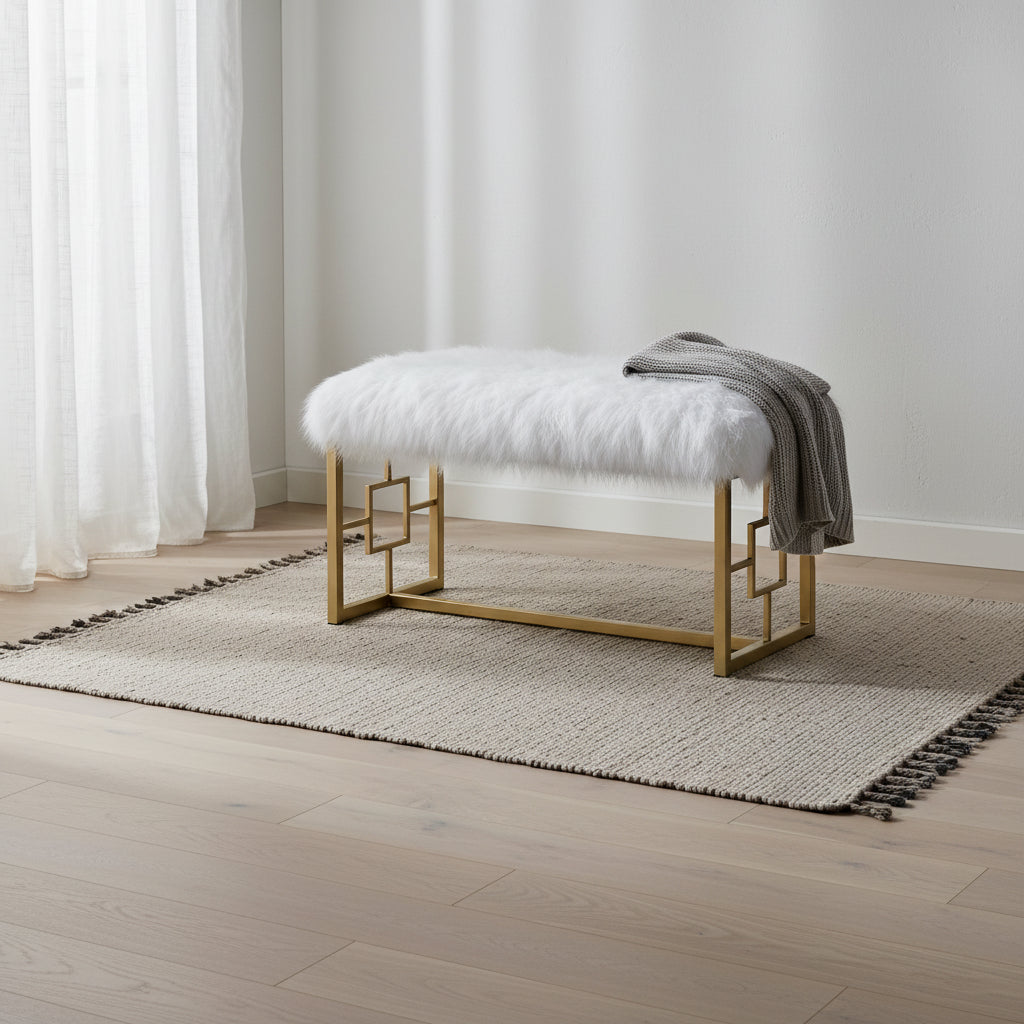 Modern Style Faux Fur Upholstered Bench with Geometrical Side Panels, White and Gold - 21 H x 17.5 W x 37.5 L Inches