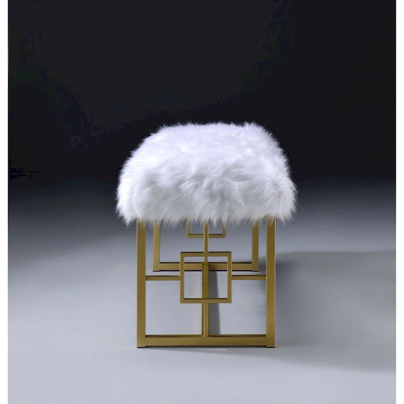 Panca in stile moderno rivestita in ecopelliccia, con pannelli laterali geometrici, bianca e oro - 21 H x 17.5 W x 37.5 L pollici