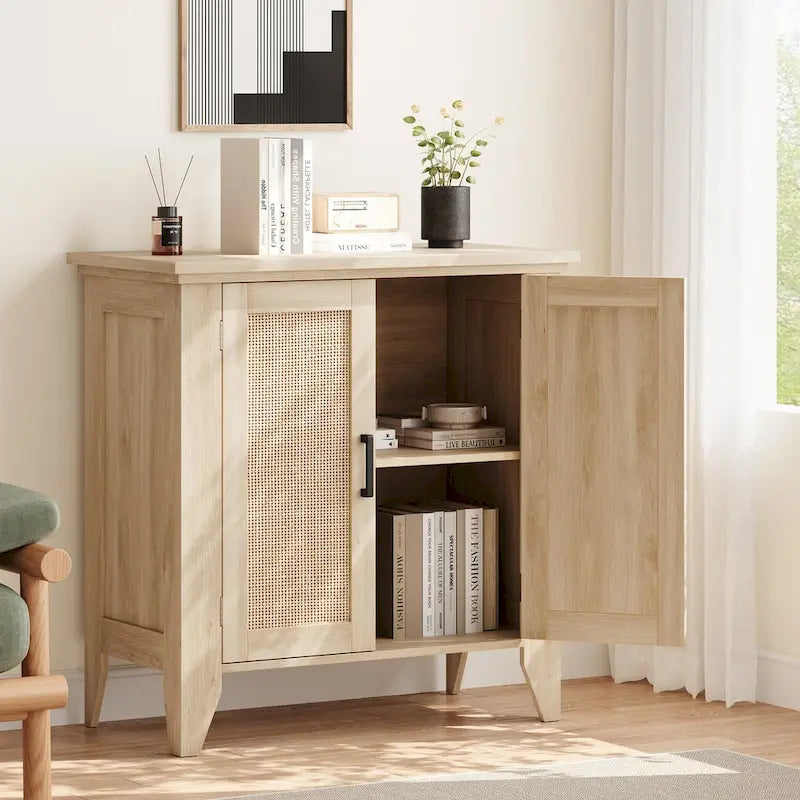 Rattan-Aufbewahrungsschrank mit Türen und Ablagen