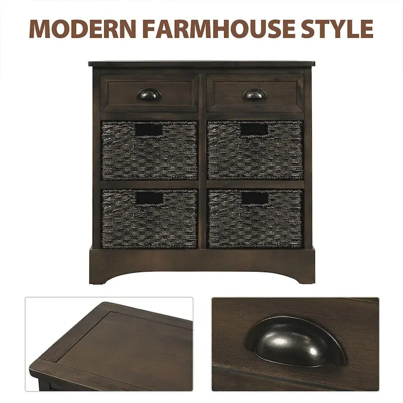 Rustic Storage Cabinet with Two Drawers and Four Classic Rattan Basket - 28L x 11.8W x 28H