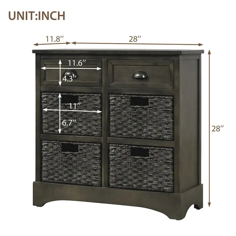Rustic Storage Cabinet with Two Drawers and Four Classic Rattan Basket - 28L x 11.8W x 28H