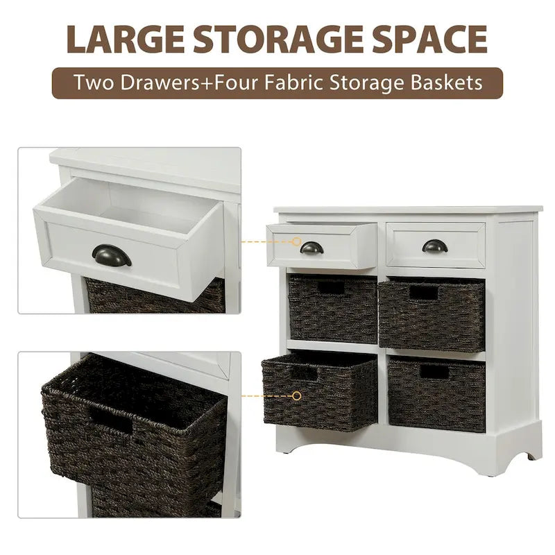 Rustic Storage Cabinet with Two Drawers and Four Classic Rattan Basket - 28L x 11.8W x 28H