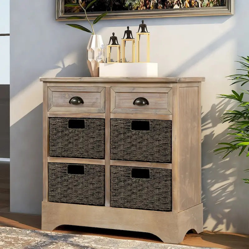 Rustic Storage Cabinet with Two Drawers and Four Classic Rattan Basket - 28L x 11.8W x 28H