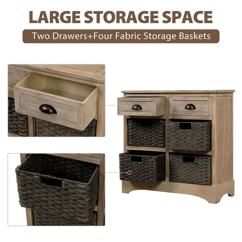 Rustic Storage Cabinet with Two Drawers and Four Classic Rattan Basket - 28L x 11.8W x 28H