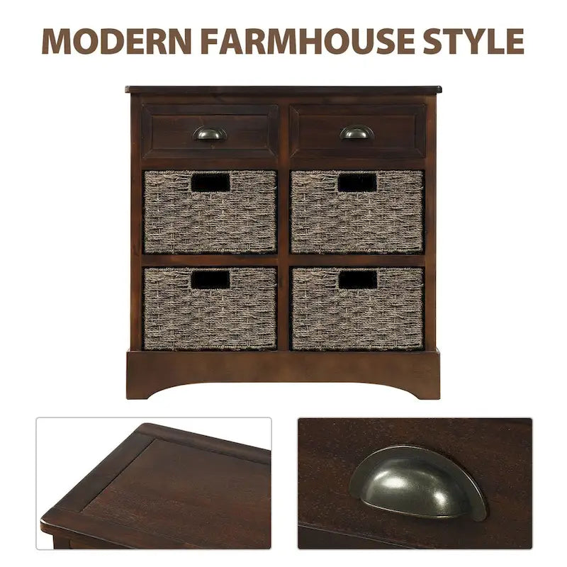 Rustic Storage Cabinet with Two Drawers and Four Classic Rattan Basket - 28L x 11.8W x 28H