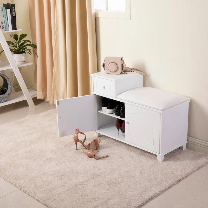 Panca porta scarpe in legno bianco, contenitore ottomana con cassetto - 31.50*13.78*23.62