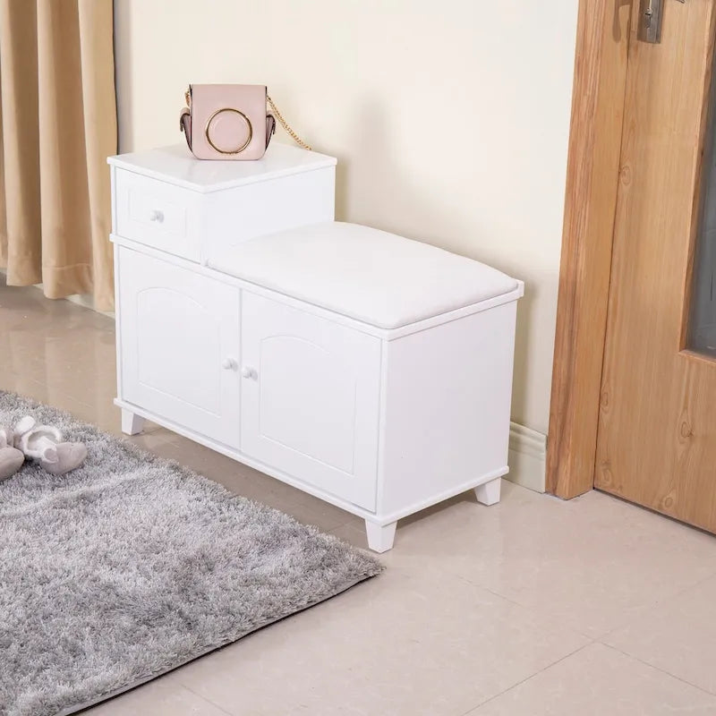 White Wooden Shoe Storage Bench Ottoman Cabinet with Drawer - 31.50*13.78*23.62
