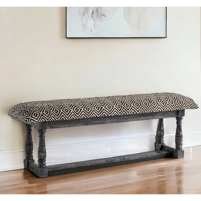 HomeRoots 56 Black and White and Gray Upholstered Cotton Blend Trellis Bench - 56