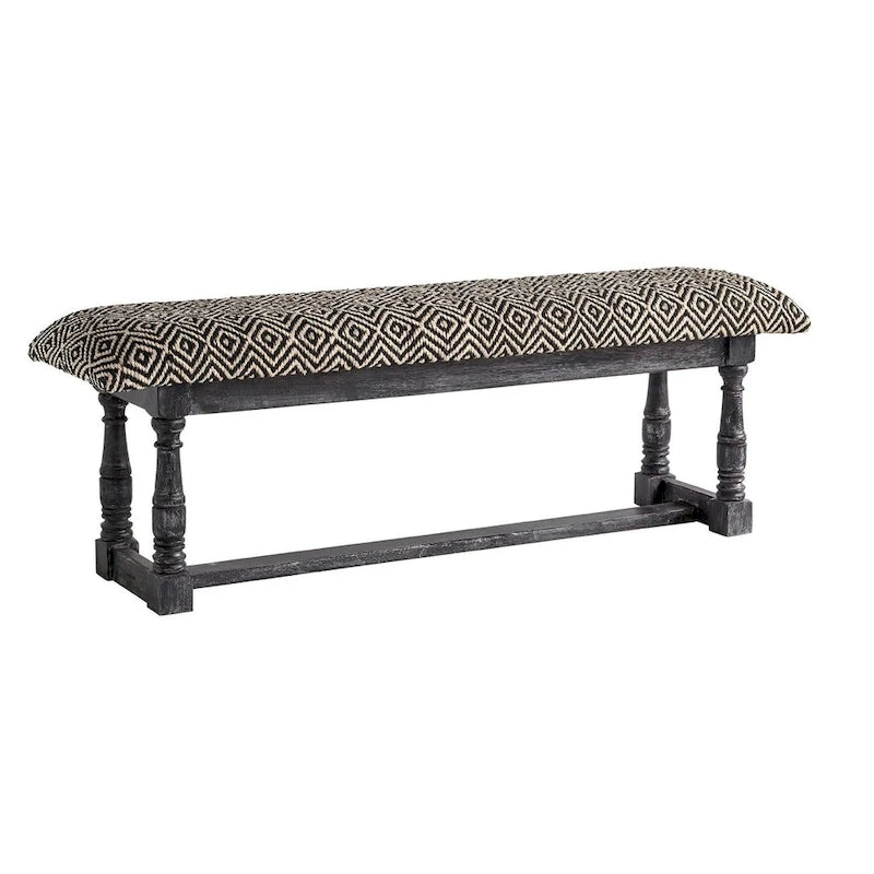 56 Black and White and Gray Upholstered Cotton Blend Trellis Bench - 56
