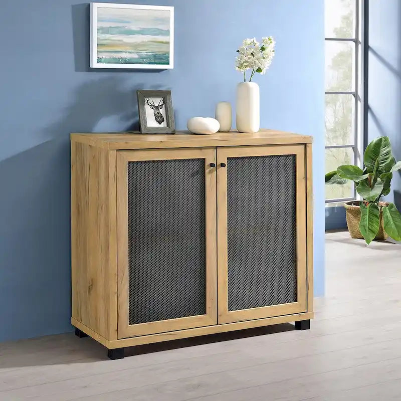Mobile decorativo a 2 ante con gambe in metallo, color rovere dorato e nero