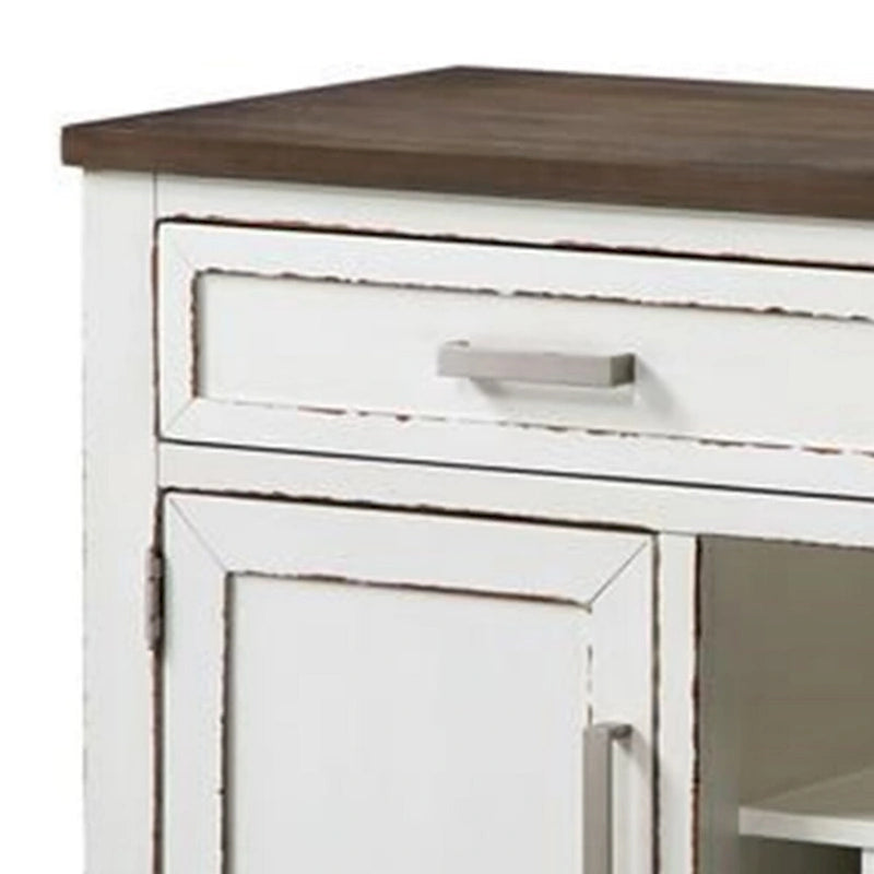 Buffetschrank, 54 Zoll, braune Oberseite, 2 Schubladen, Weinregal, verwittertes Weiß
