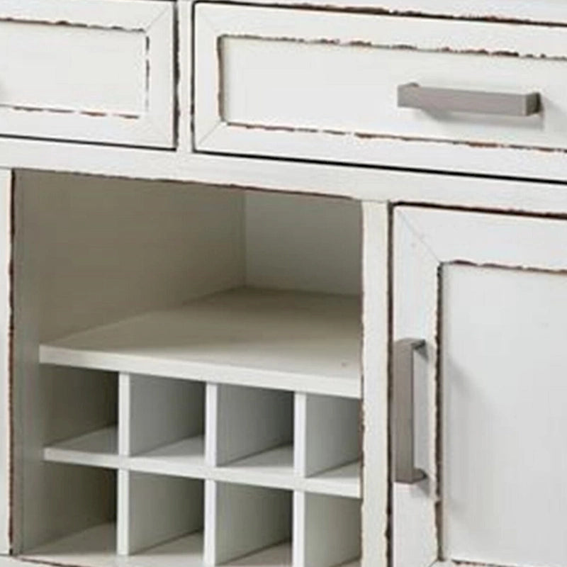 Buffetschrank, 54 Zoll, braune Oberseite, 2 Schubladen, Weinregal, verwittertes Weiß