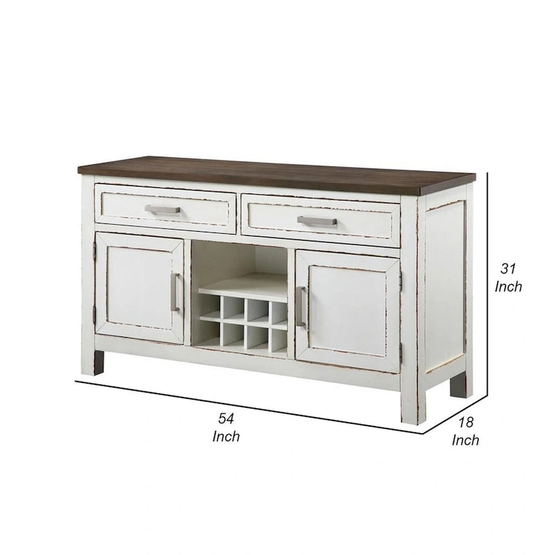 Buffetschrank, 54 Zoll, braune Oberseite, 2 Schubladen, Weinregal, verwittertes Weiß
