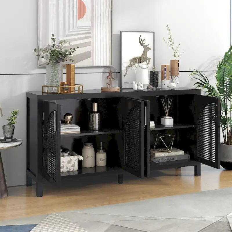 Buffet à portes en rotin synthétique, 60 grands espaces de rangement