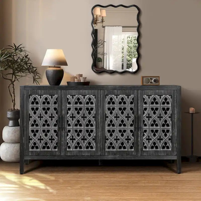Antiker Schrank mit vier geschlossenen Türen im amerikanischen Landhausstil, geeignet für Wohnzimmer, TV-Schrank und Küche (Antikschwarz)