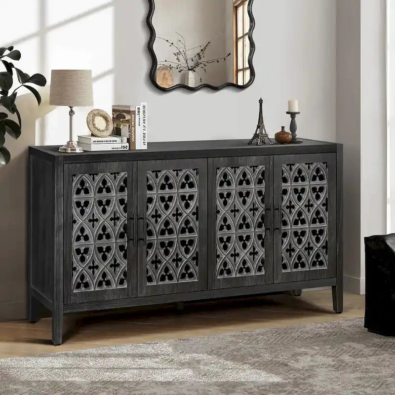 Antiker Schrank mit vier geschlossenen Türen im amerikanischen Landhausstil, geeignet für Wohnzimmer, TV-Schrank und Küche (Antikschwarz)