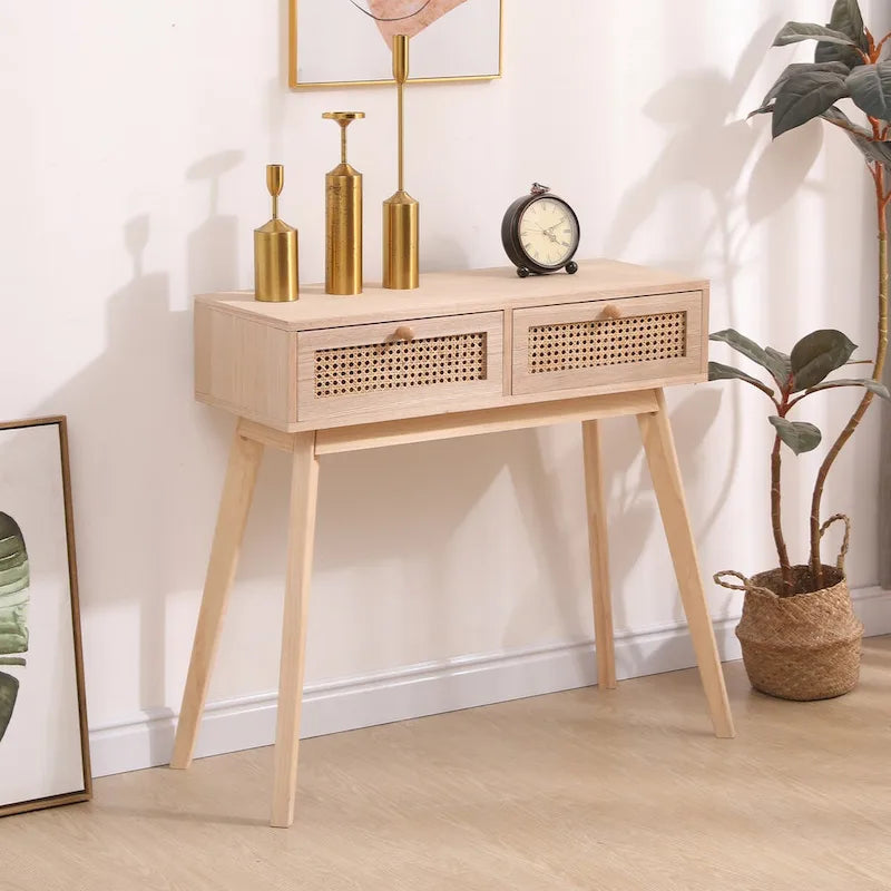 Tavolino laterale con due cassetti in vero rattan e gambe in legno massello, utilizzabile in sala da pranzo, soggiorno e camera da letto