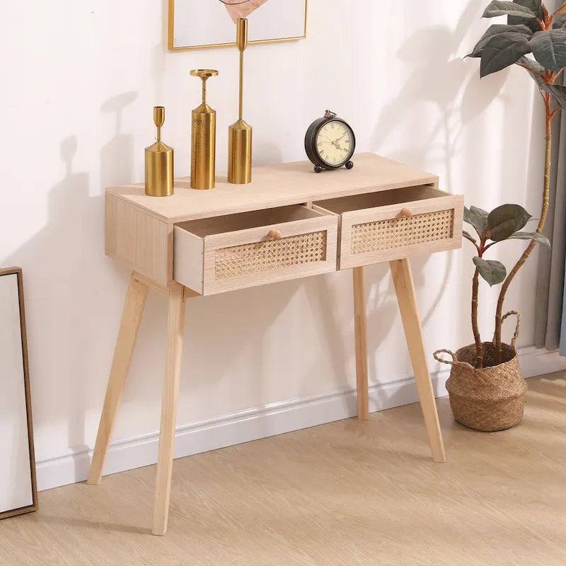Tavolino laterale con due cassetti in vero rattan e gambe in legno massello, utilizzabile in sala da pranzo, soggiorno e camera da letto