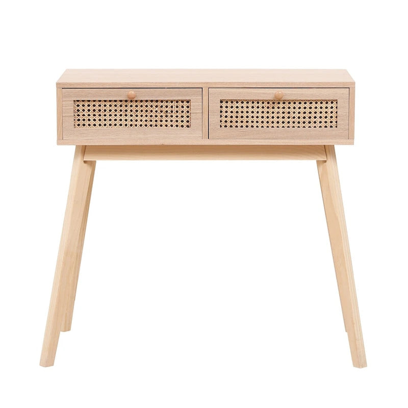 Tavolino laterale con due cassetti in vero rattan e gambe in legno massello, utilizzabile in sala da pranzo, soggiorno e camera da letto
