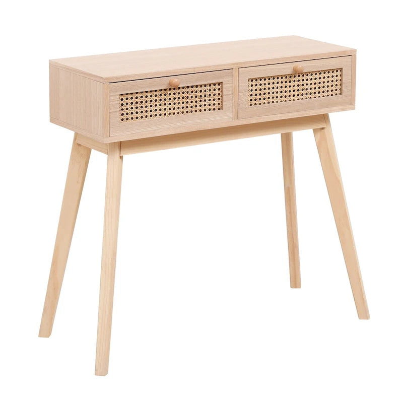 Tavolino laterale con due cassetti in vero rattan e gambe in legno massello, utilizzabile in sala da pranzo, soggiorno e camera da letto