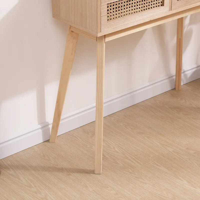Tavolino laterale con due cassetti in vero rattan e gambe in legno massello, utilizzabile in sala da pranzo, soggiorno e camera da letto