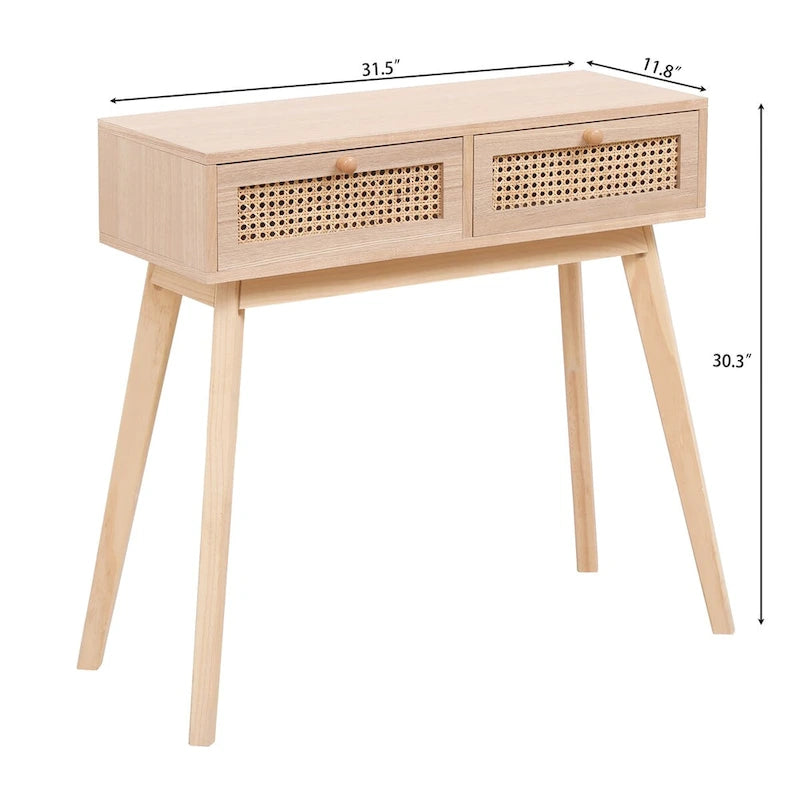 Tavolino laterale con due cassetti in vero rattan e gambe in legno massello, utilizzabile in sala da pranzo, soggiorno e camera da letto