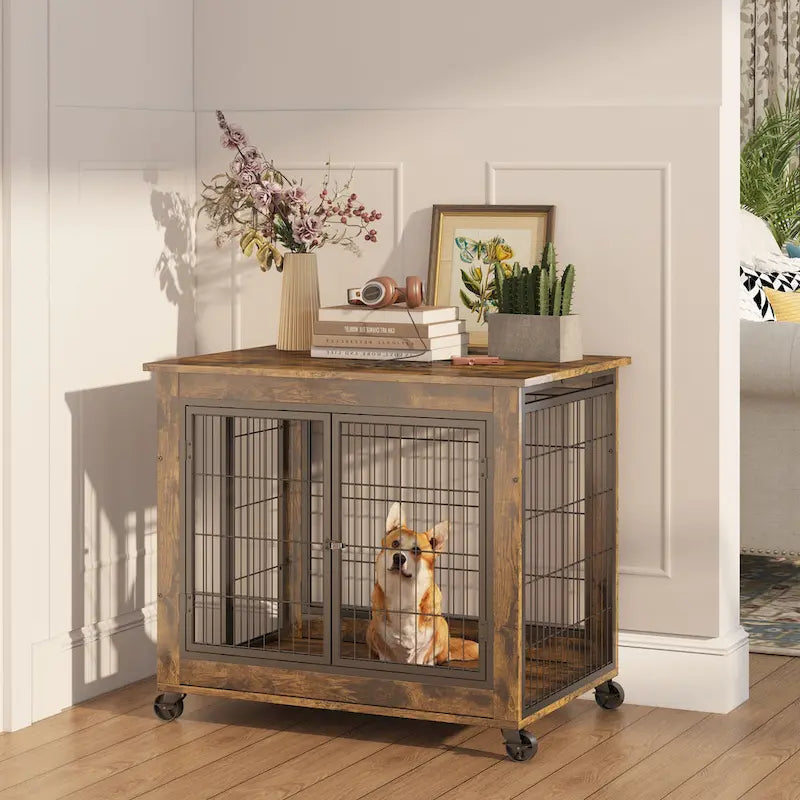 Beistelltisch im Möbelstil als Hundebox auf Rollen, mit Doppeltüren und aufklappbarer Tischplatte, rustikales Braun, 31.50 W x 22.05 D x 25 H.