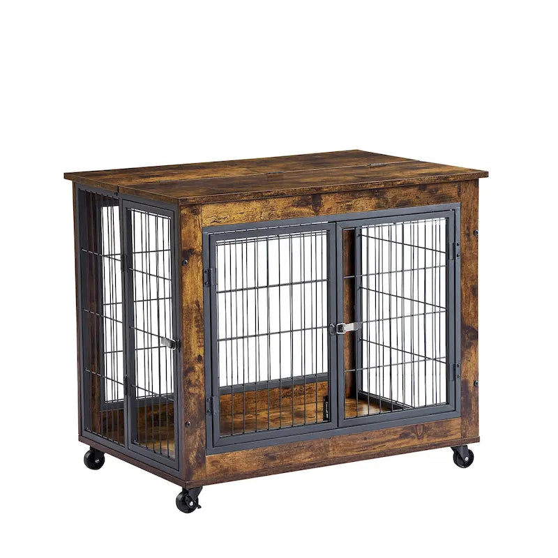 Beistelltisch im Möbelstil als Hundebox auf Rollen, mit Doppeltüren und aufklappbarer Tischplatte, rustikales Braun, 31.50 W x 22.05 D x 25 H.