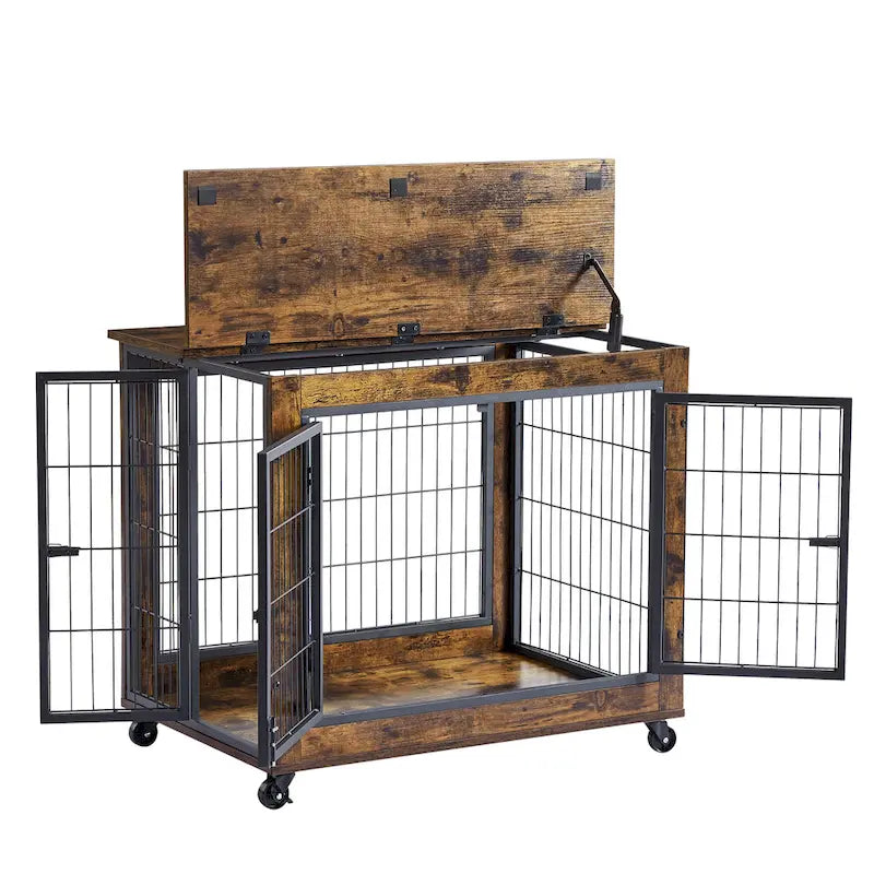 Beistelltisch im Möbelstil als Hundebox auf Rollen, mit Doppeltüren und aufklappbarer Tischplatte, rustikales Braun, 31.50 W x 22.05 D x 25 H.