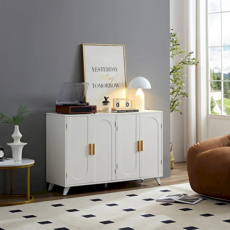 Sideboard-Buffetschrank mit 4 Türen und herausnehmbaren Einlegeböden für Wohnzimmer und Esszimmer, elfenbeinweiß