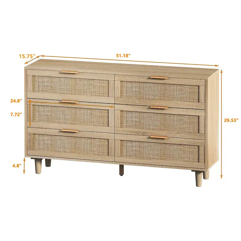 Aufbewahrungsschrank aus Rattan mit 6 Schubladen – 51.18L x 15.75W x 29.53H