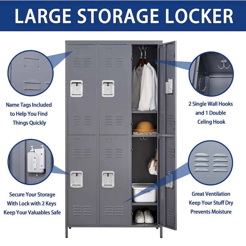 Casier métallique à 6 portes de 72 H avec serrure pour employés, meuble de rangement pour salle de sport, bureau, école ou garage, gris
