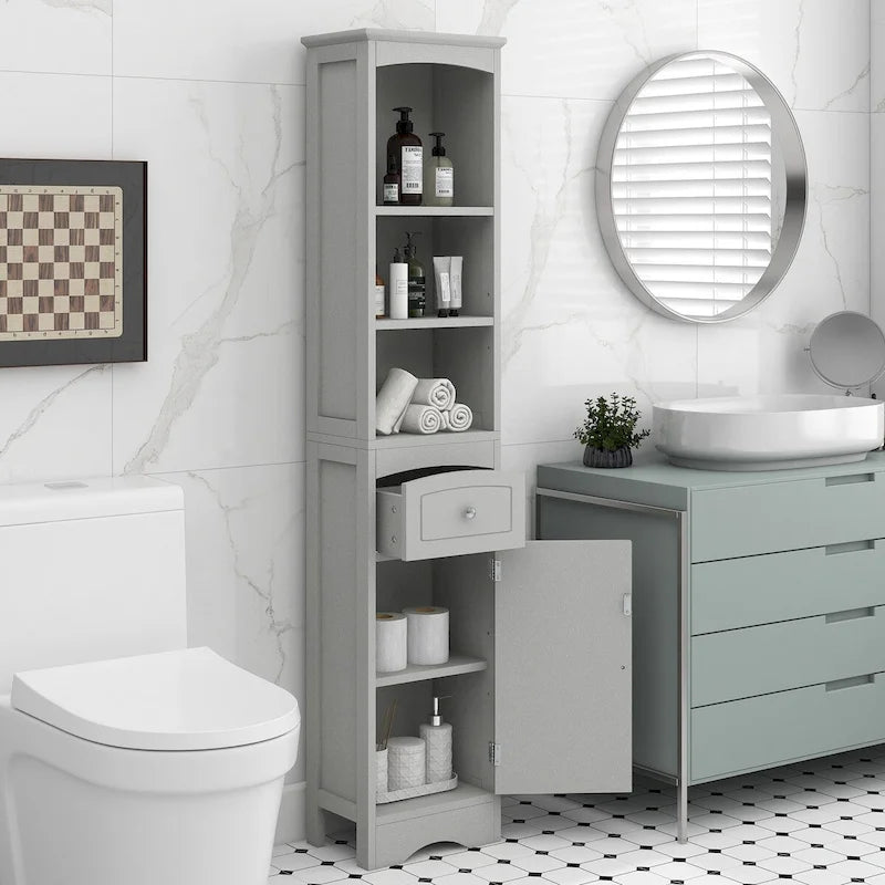 Hoher freistehender Badezimmerschrank mit Schublade – 13.4L x 9.1W x 66.9H