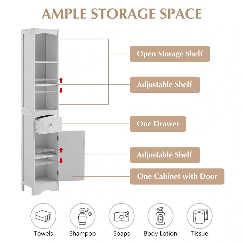 Hoher freistehender Badezimmerschrank mit Schublade – 13.4L x 9.1W x 66.9H