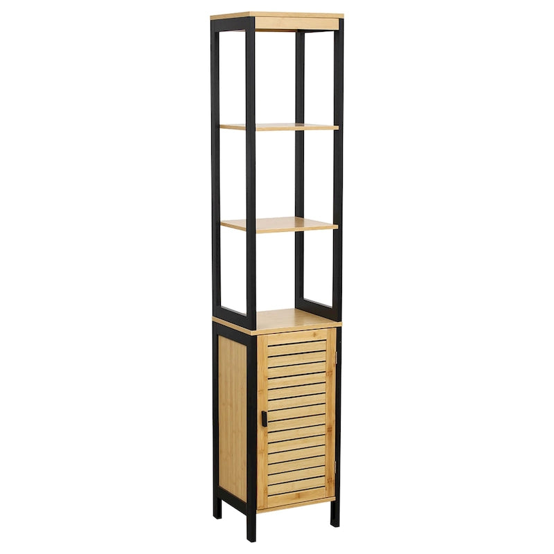 Schmaler Aufbewahrungsschrank in Naturfarben mit Regalböden, moderner schwarzer Rahmen – 13.4L x 12W x 68H