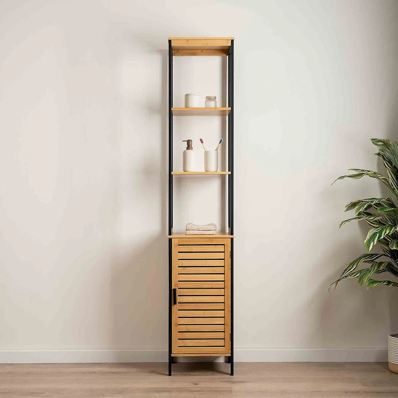Natural Slim Storage Cabinet with Shelves, Modern Black Frame - 13.4L x 12W x 68H