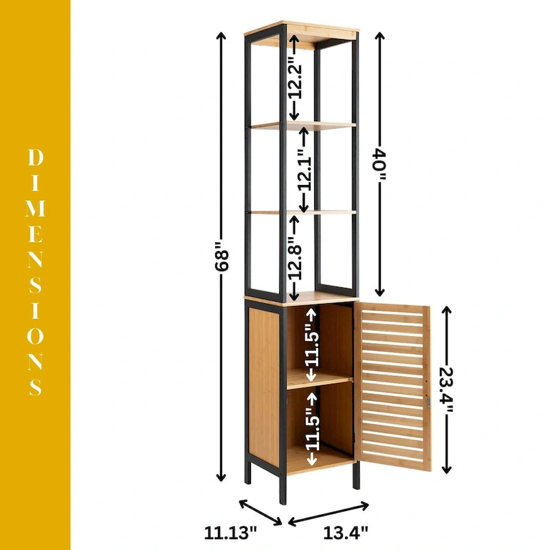 Schmaler Aufbewahrungsschrank in Naturfarben mit Regalböden, moderner schwarzer Rahmen – 13.4L x 12W x 68H