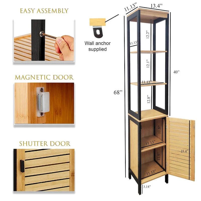Natural Slim Storage Cabinet with Shelves, Modern Black Frame - 13.4L x 12W x 68H