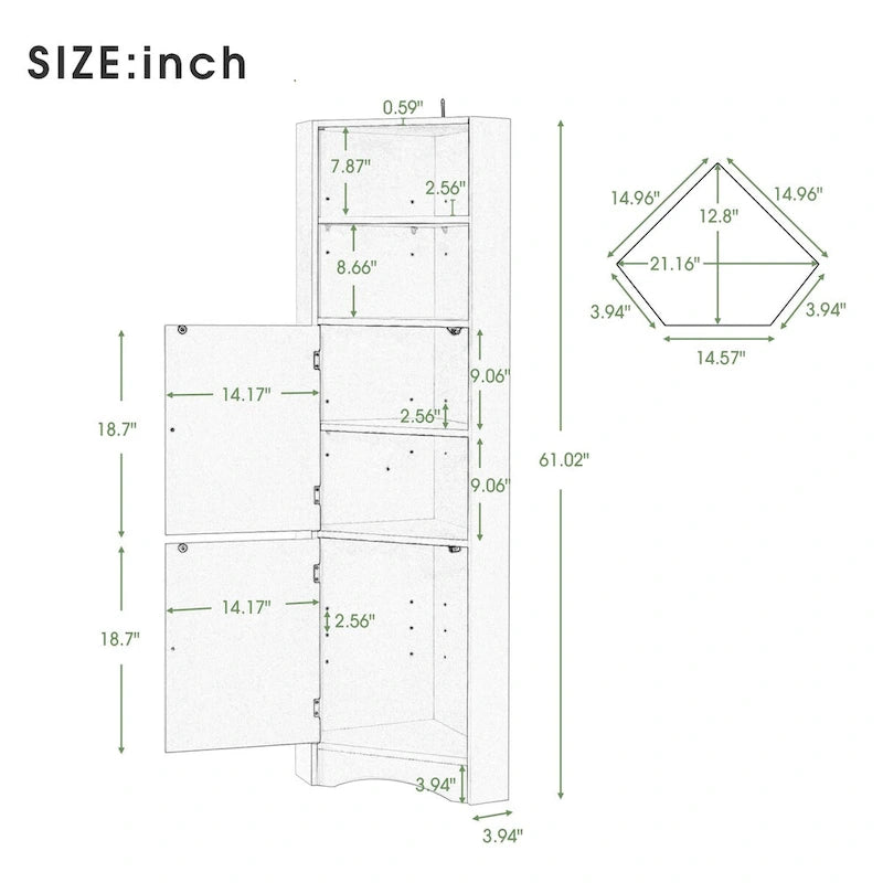 61 H Badezimmerschrank, schmaler Toiletten-Organizer, seitlicher Eckstauraum, hoher Eckschrank